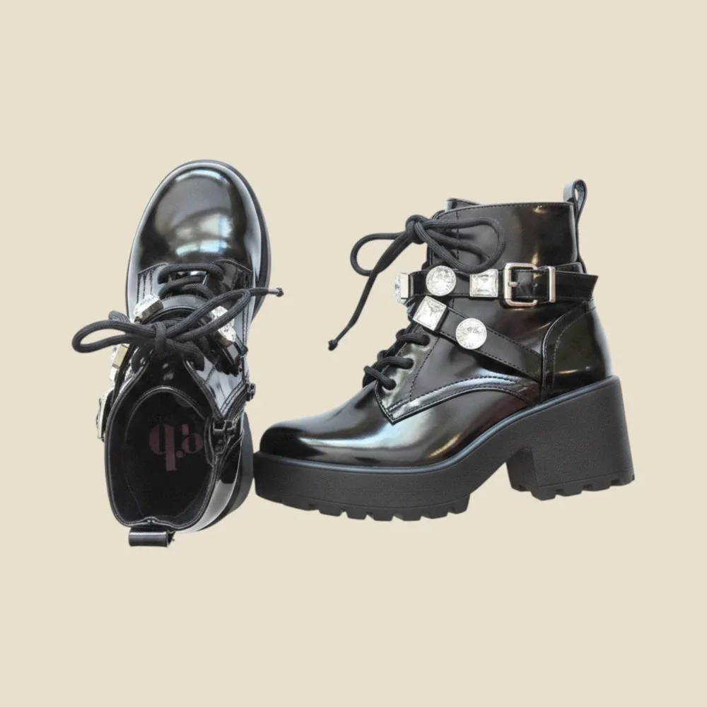 GB Girls Gianni Bini Black Patent Rhinestone Platform Combat Boots Size 12M